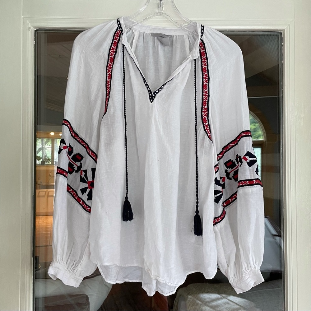 H&M White Blouse with Red and Black Pattern